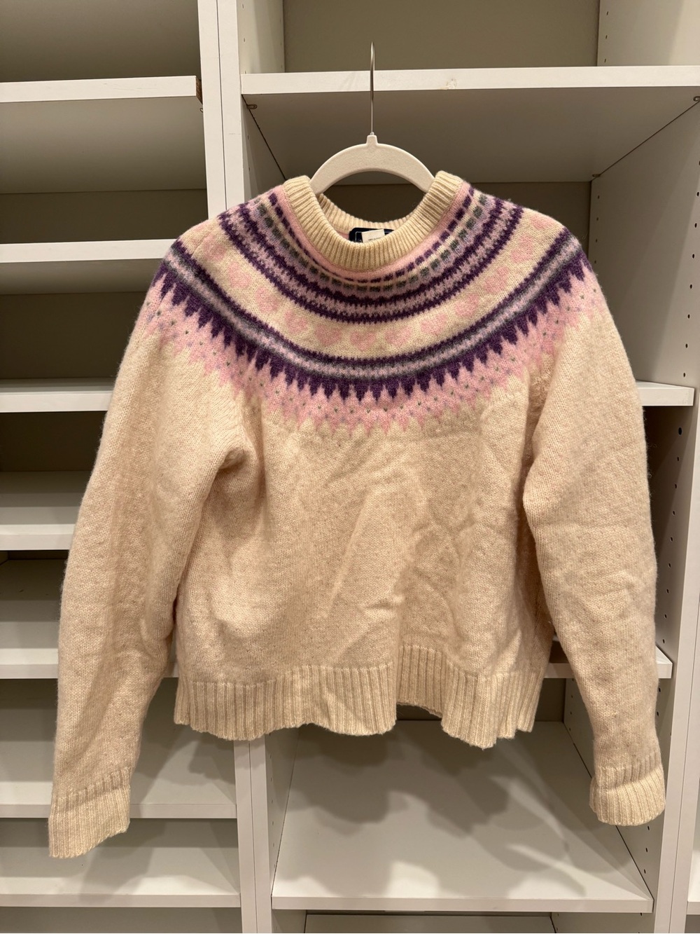 Woolrich Cream Fair Isle Heart Wool Blend Crewneck Sweater, Size XL